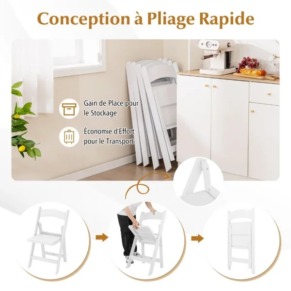 Lot de 2 Chaises Pliantes en Résine Chaises de Jardin Portables avec Siège Rembourré Cadre en Résine avec Capacité Statique de 500 kg Blanc