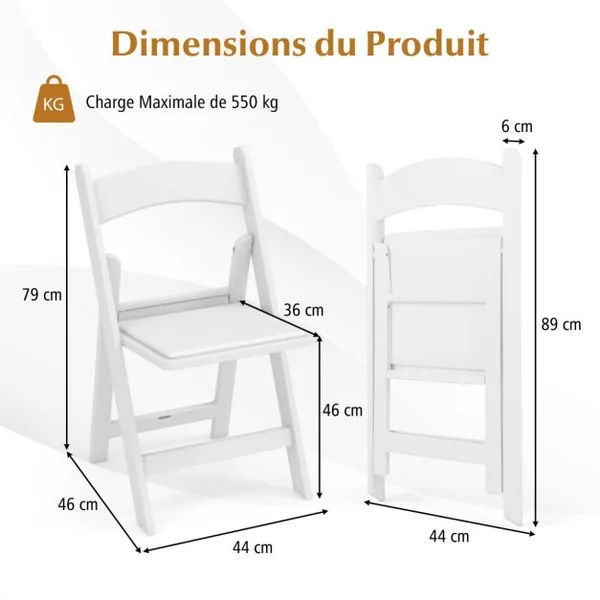 Lot de 2 Chaises Pliantes en Résine Chaises de Jardin Portables avec Siège Rembourré Cadre en Résine avec Capacité Statique de 500 kg Blanc