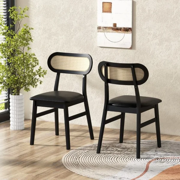 Lot de 2 Chaises Rembourrées en Bois Chaises d'Intérieur du Milieu du Siècle Avec Siège Rembourré et Dossier en Rotin Elégant Naturel/Noir/Café/Blanc