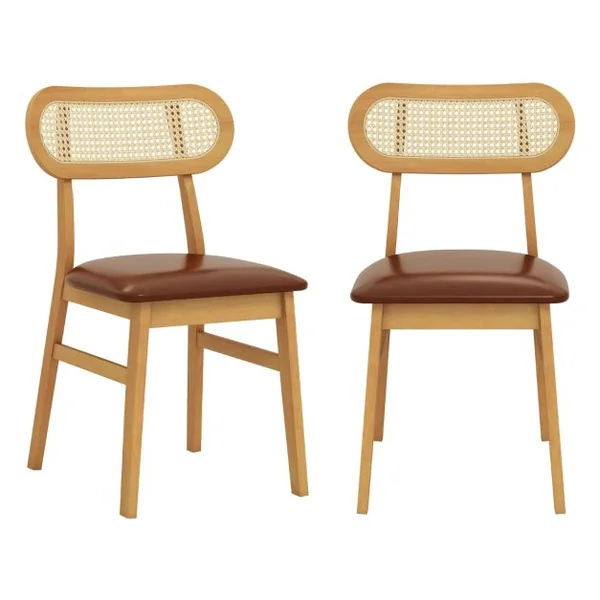 Lot de 2 Chaises Rembourrées en Bois Chaises d'Intérieur du Milieu du Siècle Avec Siège Rembourré et Dossier en Rotin Elégant Naturel/Noir/Café/Blanc