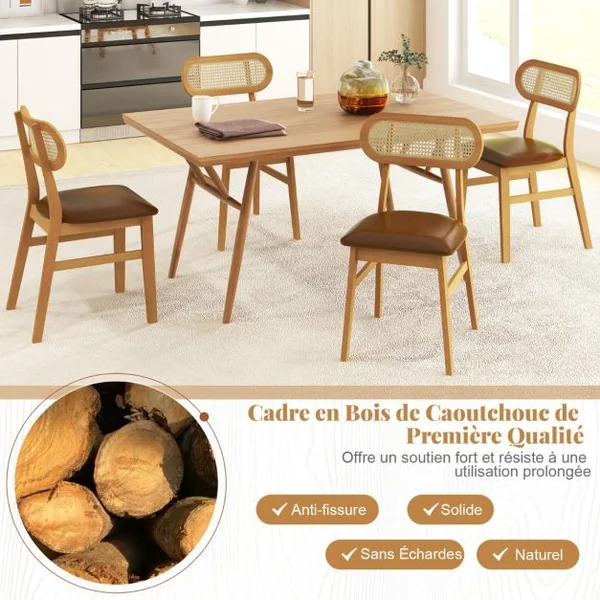 Lot de 2 Chaises Rembourrées en Bois Chaises d'Intérieur du Milieu du Siècle Avec Siège Rembourré et Dossier en Rotin Elégant Naturel/Noir/Café/Blanc