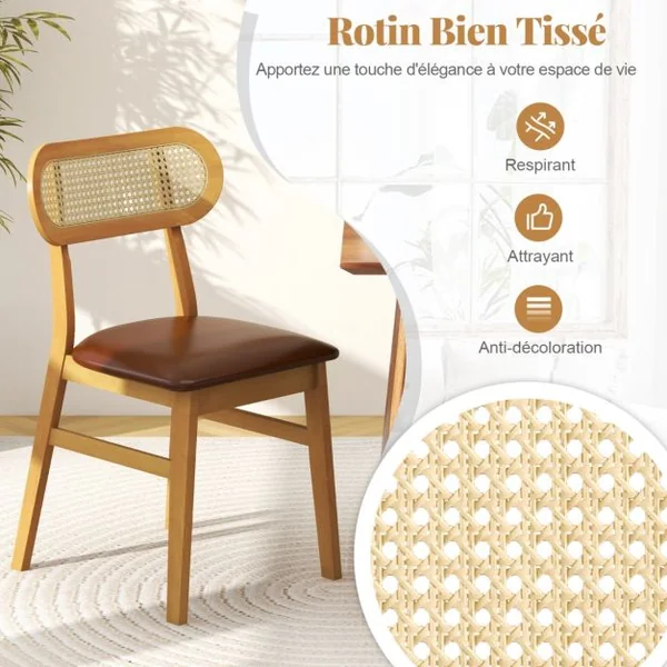 Lot de 2 Chaises Rembourrées en Bois Chaises d'Intérieur du Milieu du Siècle Avec Siège Rembourré et Dossier en Rotin Elégant Naturel/Noir/Café/Blanc
