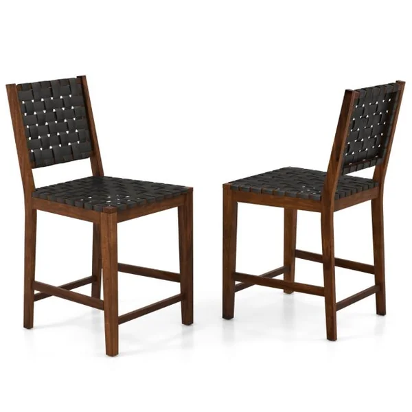 Lot de 2 Chaises Salle à Manger en Bois Massif Dossier Tissés de Sangles en Simili Cuir Hauteur d'Assise 61cm Noir