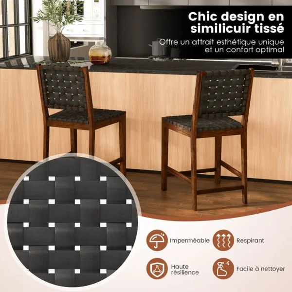 Lot de 2 Chaises Salle à Manger en Bois Massif Dossier Tissés de Sangles en Simili Cuir Hauteur d'Assise 61cm Noir