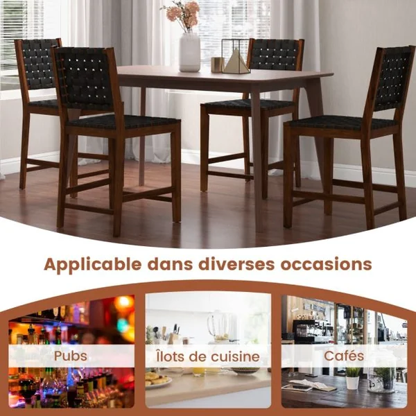 Lot de 2 Chaises Salle à Manger en Bois Massif Dossier Tissés de Sangles en Simili Cuir Hauteur d'Assise 61cm Noir