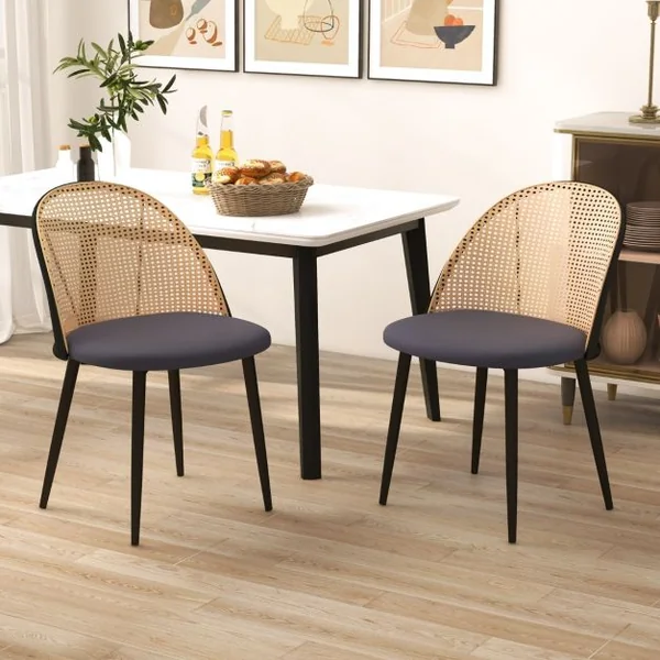 Lot de 2 Chaises Sans Accoudoirs avec Dossier Ajouré en Rotin Siège Rembourré Pieds Fuselés en Métal pour Restaurant Salon Gris