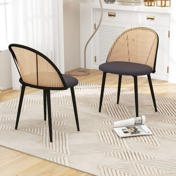 Lot de 2 Chaises Sans Accoudoirs avec Dossier Ajouré en Rotin Siège Rembourré Pieds Fuselés en Métal pour Restaurant Salon Gris