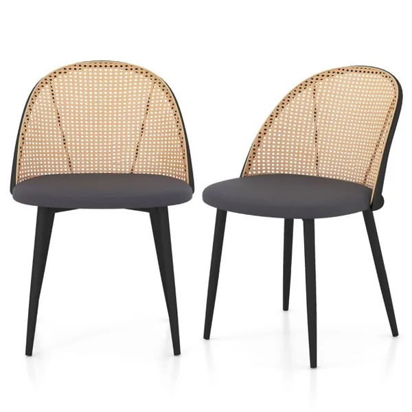 Lot de 2 Chaises Sans Accoudoirs avec Dossier Ajouré en Rotin Siège Rembourré Pieds Fuselés en Métal pour Restaurant Salon Gris