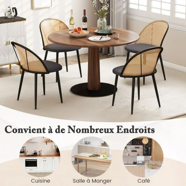 Lot de 2 Chaises Sans Accoudoirs avec Dossier Ajouré en Rotin Siège Rembourré Pieds Fuselés en Métal pour Restaurant Salon Gris