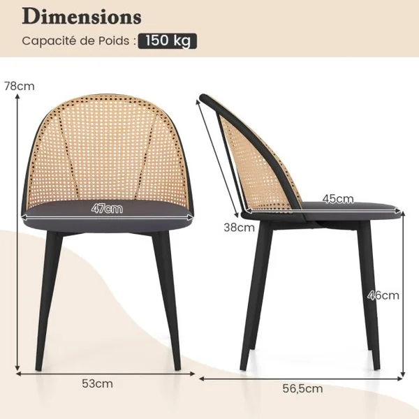 Lot de 2 Chaises Sans Accoudoirs avec Dossier Ajouré en Rotin Siège Rembourré Pieds Fuselés en Métal pour Restaurant Salon Gris
