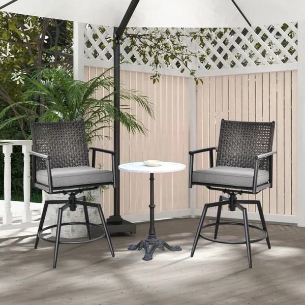Lot de 2 Chaises Tabourets de Bar en Rotin PE de 2 Couches Rotatif à 360° Coussin Amovible Patin Antidérapant Réglable Charge 150KG Noir
