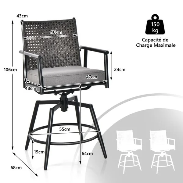 Lot de 2 Chaises Tabourets de Bar en Rotin PE de 2 Couches Rotatif à 360° Coussin Amovible Patin Antidérapant Réglable Charge 150KG Noir