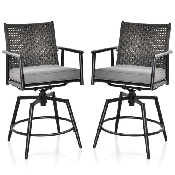 Lot de 2 Chaises Tabourets de Bar en Rotin PE de 2 Couches Rotatif à 360° Coussin Amovible Patin Antidérapant Réglable Charge 150KG Noir