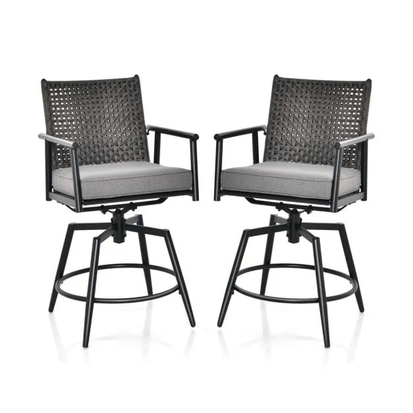 Lot de 2 Chaises Tabourets de Bar en Rotin PE de 2 Couches Rotatif à 360° Coussin Amovible Patin Antidérapant Réglable Charge 150KG Noir