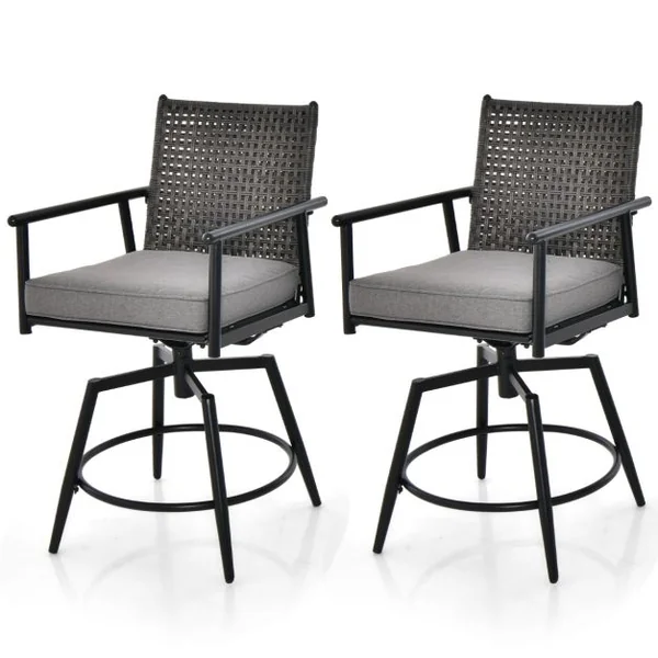 Lot de 2 Chaises Tabourets de Bar en Rotin PE de 2 Couches Rotatif à 360° Coussin Amovible Patin Antidérapant Réglable Charge 150KG Noir