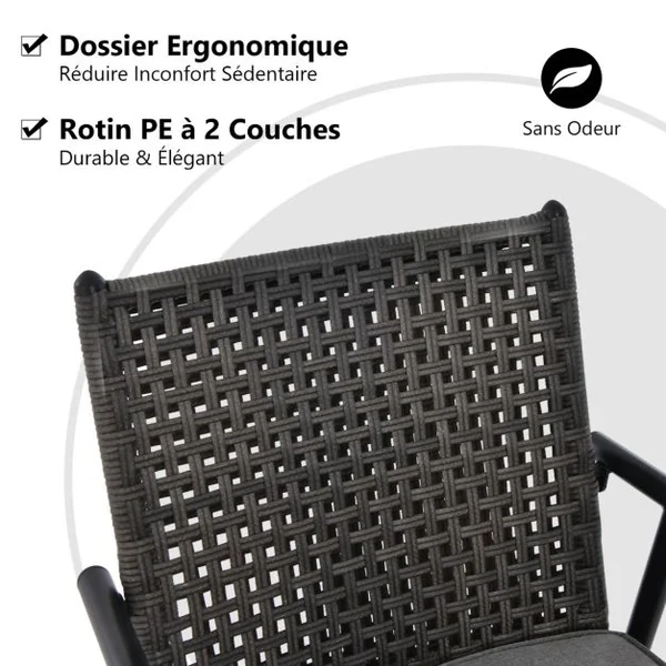 Lot de 2 Chaises Tabourets de Bar en Rotin PE de 2 Couches Rotatif à 360° Coussin Amovible Patin Antidérapant Réglable Charge 150KG Noir