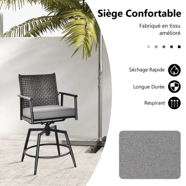 Lot de 2 Chaises Tabourets de Bar en Rotin PE de 2 Couches Rotatif à 360° Coussin Amovible Patin Antidérapant Réglable Charge 150KG Noir