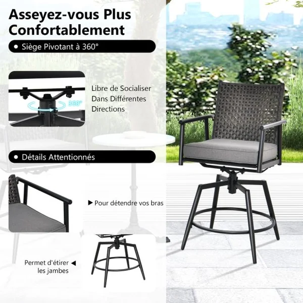 Lot de 2 Chaises Tabourets de Bar en Rotin PE de 2 Couches Rotatif à 360° Coussin Amovible Patin Antidérapant Réglable Charge 150KG Noir