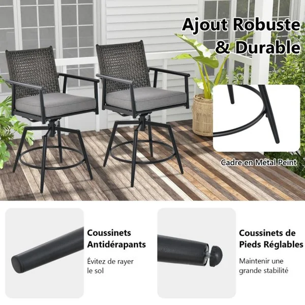 Lot de 2 Chaises Tabourets de Bar en Rotin PE de 2 Couches Rotatif à 360° Coussin Amovible Patin Antidérapant Réglable Charge 150KG Noir
