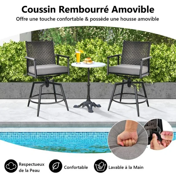 Lot de 2 Chaises Tabourets de Bar en Rotin PE de 2 Couches Rotatif à 360° Coussin Amovible Patin Antidérapant Réglable Charge 150KG Noir