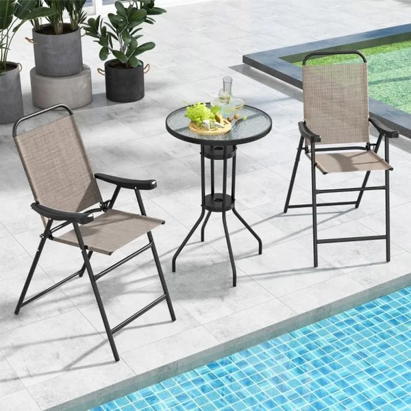 Lot de 2 Chaises Tabourets de Bar Pliables Textilène Charge 150KG Patins Antidérapants Repose-pieds Jardin Piscine Café