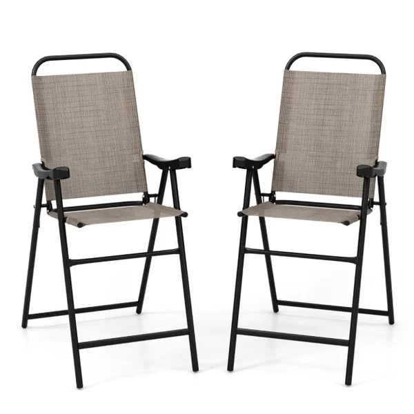 Lot de 2 Chaises Tabourets de Bar Pliables Textilène Charge 150KG Patins Antidérapants Repose-pieds Jardin Piscine Café
