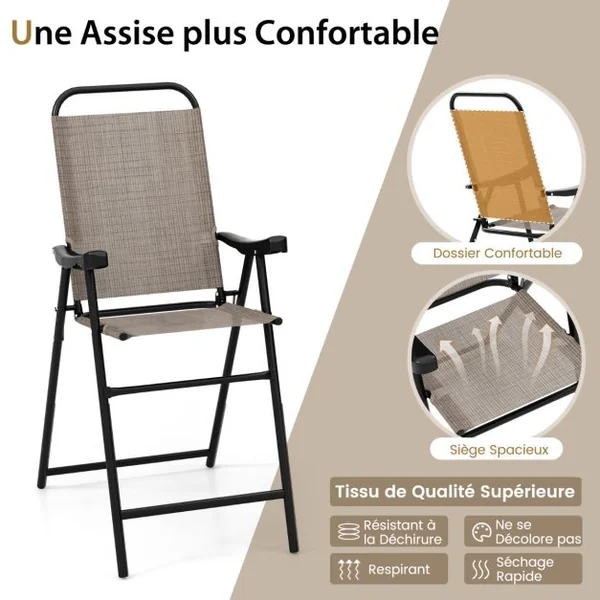 Lot de 2 Chaises Tabourets de Bar Pliables Textilène Charge 150KG Patins Antidérapants Repose-pieds Jardin Piscine Café