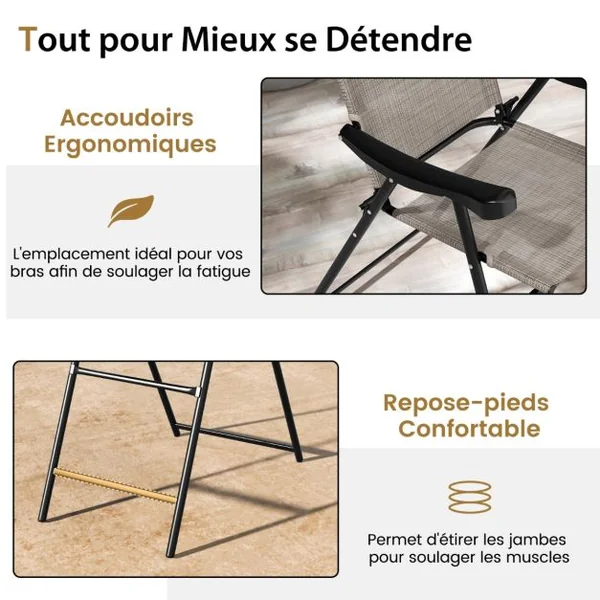 Lot de 2 Chaises Tabourets de Bar Pliables Textilène Charge 150KG Patins Antidérapants Repose-pieds Jardin Piscine Café