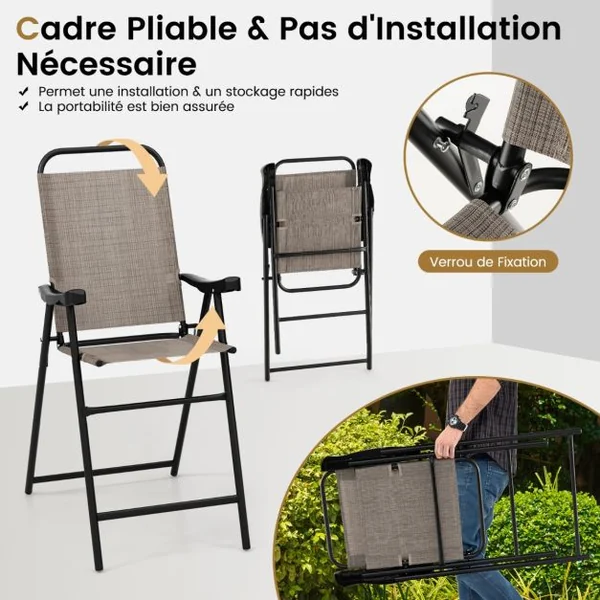 Lot de 2 Chaises Tabourets de Bar Pliables Textilène Charge 150KG Patins Antidérapants Repose-pieds Jardin Piscine Café