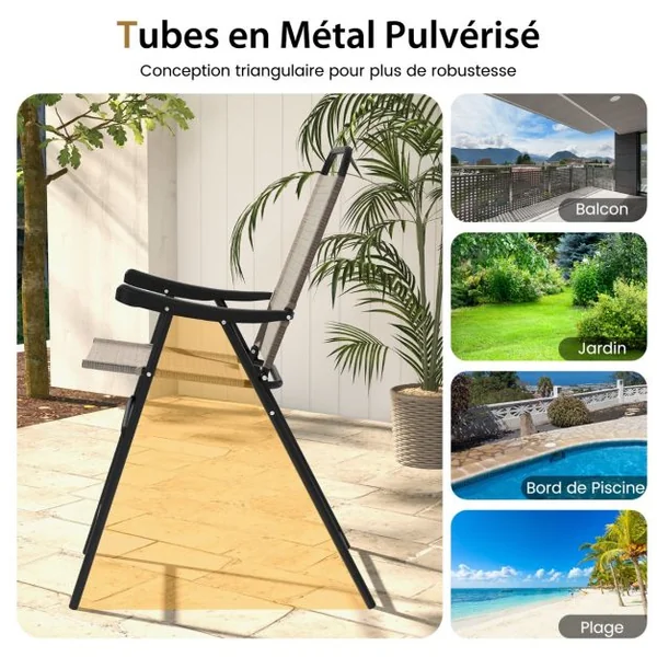 Lot de 2 Chaises Tabourets de Bar Pliables Textilène Charge 150KG Patins Antidérapants Repose-pieds Jardin Piscine Café