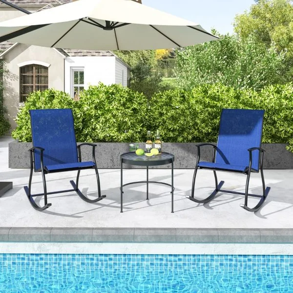 Lot de 2 Chaises à Bascule d'Extérieur Chaises Bascules Confortables pour Patio Dossier Respirant à Bascule Lisse et Sûre Cadre en Métal Bleu