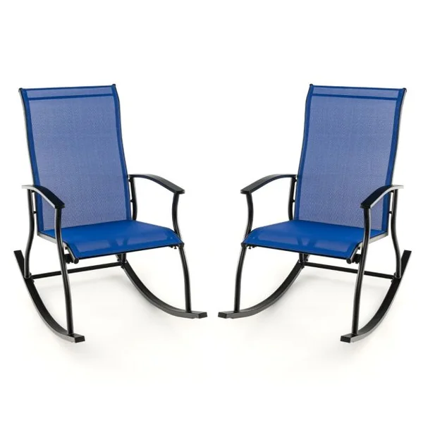 Lot de 2 Chaises à Bascule d'Extérieur Chaises Bascules Confortables pour Patio Dossier Respirant à Bascule Lisse et Sûre Cadre en Métal Bleu