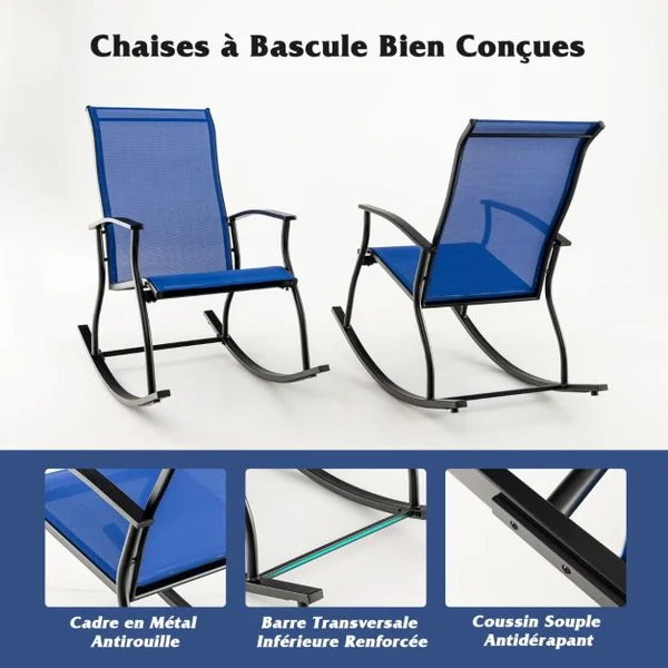 Lot de 2 Chaises à Bascule d'Extérieur Chaises Bascules Confortables pour Patio Dossier Respirant à Bascule Lisse et Sûre Cadre en Métal Bleu