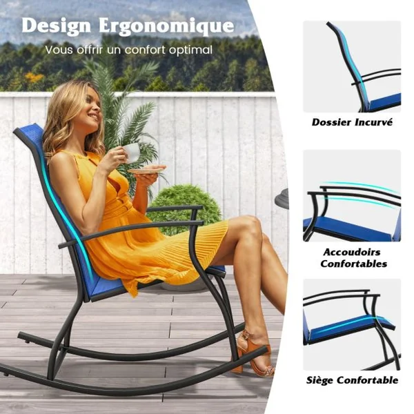 Lot de 2 Chaises à Bascule d'Extérieur Chaises Bascules Confortables pour Patio Dossier Respirant à Bascule Lisse et Sûre Cadre en Métal Bleu