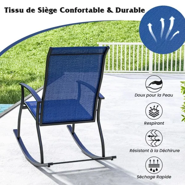 Lot de 2 Chaises à Bascule d'Extérieur Chaises Bascules Confortables pour Patio Dossier Respirant à Bascule Lisse et Sûre Cadre en Métal Bleu