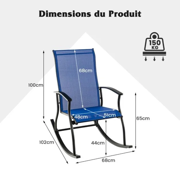 Lot de 2 Chaises à Bascule d'Extérieur Chaises Bascules Confortables pour Patio Dossier Respirant à Bascule Lisse et Sûre Cadre en Métal Bleu
