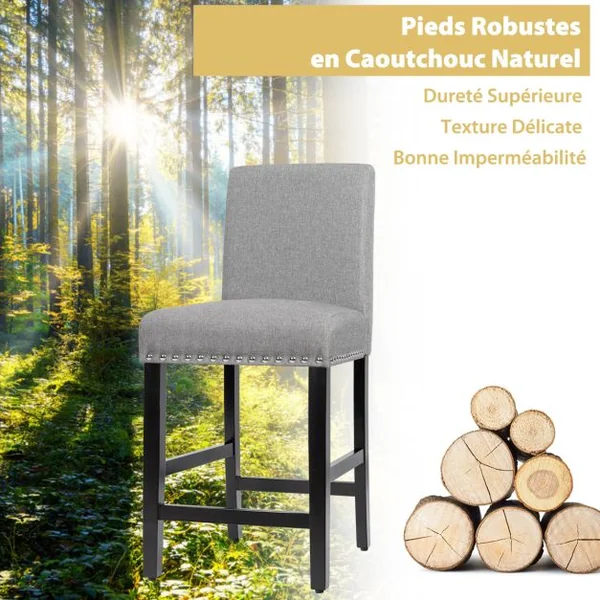 Lot de 2 Chaises à Hauteur de Comptoir Chaises de Bar Rembourrées Pieds en Bois d'Hévéa Dossier Confortable pour Cuisine Salle à Manger Gris