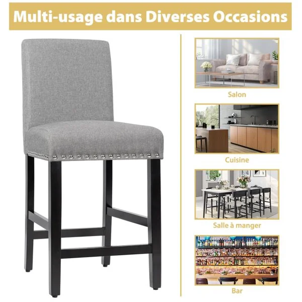 Lot de 2 Chaises à Hauteur de Comptoir Chaises de Bar Rembourrées Pieds en Bois d'Hévéa Dossier Confortable pour Cuisine Salle à Manger Gris