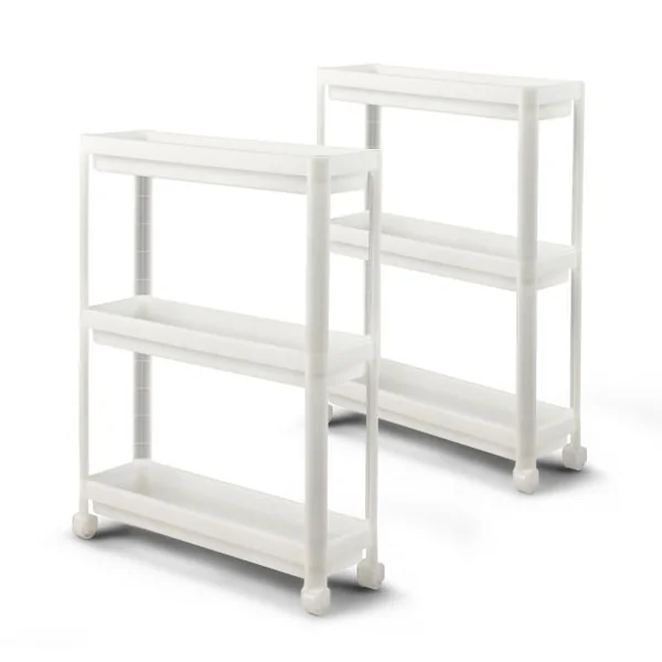 Lot de 2 Chariots de Rangement Service à Roulettes 3 Niveaux 53x17,5x70 CM Desserte Cuisine Compacte avec Trous de Drainage