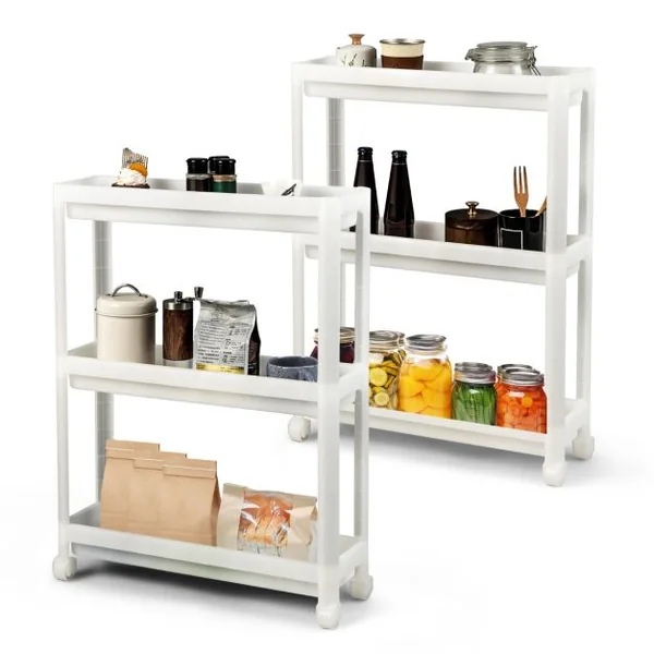 Lot de 2 Chariots de Rangement Service à Roulettes 3 Niveaux 53x17,5x70 CM Desserte Cuisine Compacte avec Trous de Drainage