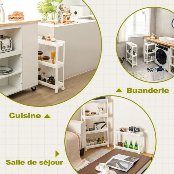 Lot de 2 Chariots de Rangement Service à Roulettes 3 Niveaux 53x17,5x70 CM Desserte Cuisine Compacte avec Trous de Drainage