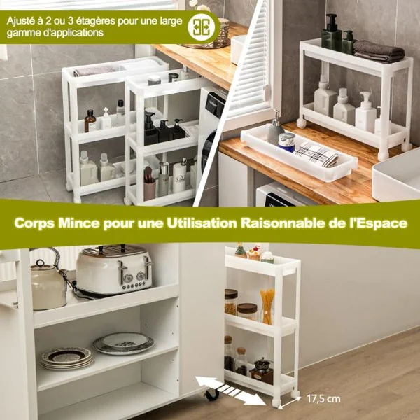 Lot de 2 Chariots de Rangement Service à Roulettes 3 Niveaux 53x17,5x70 CM Desserte Cuisine Compacte avec Trous de Drainage