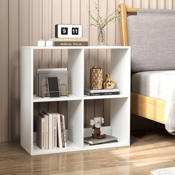 Lot de 2 Etagères à 4 Cubes Bibliothèque à 2 Niveaux Bibliothèque Autoportante Style Rustique Etagère de Présentation Ouverte en 2 PCS Blanc