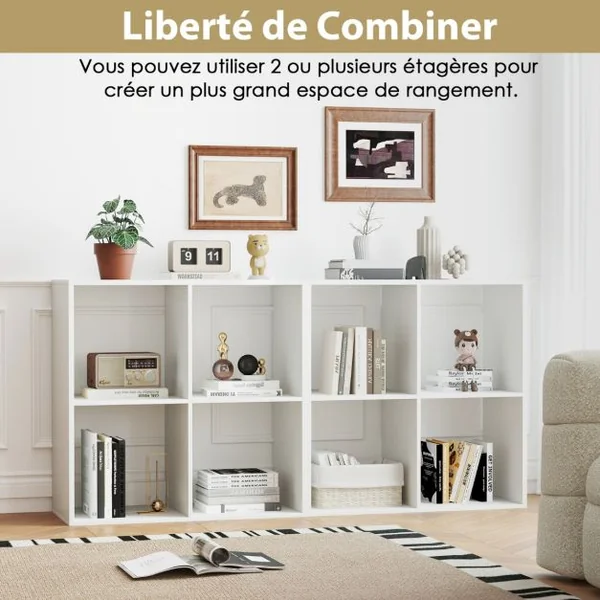 Lot de 2 Etagères à 4 Cubes Bibliothèque à 2 Niveaux Bibliothèque Autoportante Style Rustique Etagère de Présentation Ouverte en 2 PCS Blanc