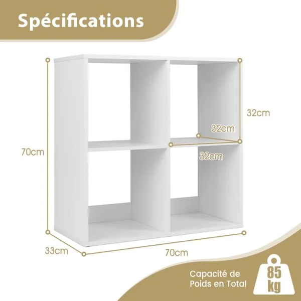 Lot de 2 Etagères à 4 Cubes Bibliothèque à 2 Niveaux Bibliothèque Autoportante Style Rustique Etagère de Présentation Ouverte en 2 PCS Blanc