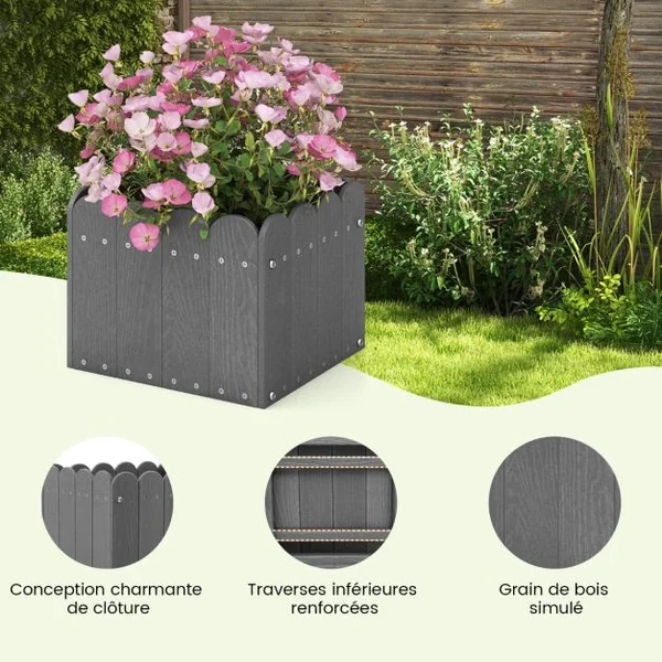Lot de 2 Jardinière Carrées en HDPE Résistant aux Intempéries Lit de Jardin Surélevé avec Trous de Drainage 32x30x25cm Gris/Orange