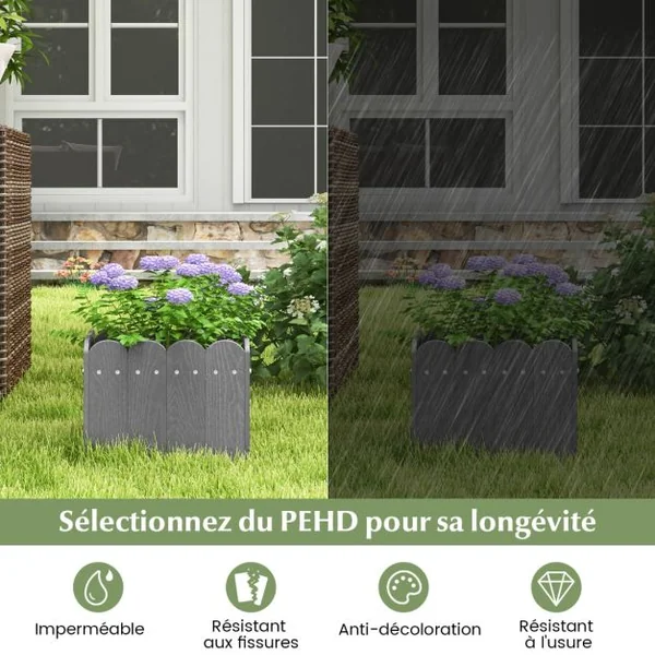 Lot de 2 Jardinière Carrées en HDPE Résistant aux Intempéries Lit de Jardin Surélevé avec Trous de Drainage 32x30x25cm Gris/Orange
