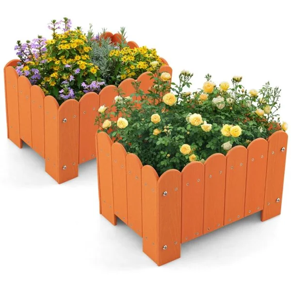 Lot de 2 Jardinière Rectangulaires en HDPE Résistant aux Intempéries Lit de Jardin Surélevé avec Trous de Drainage 45x32x30cm Gris/Orange