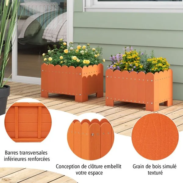 Lot de 2 Jardinière Rectangulaires en HDPE Résistant aux Intempéries Lit de Jardin Surélevé avec Trous de Drainage 45x32x30cm Gris/Orange