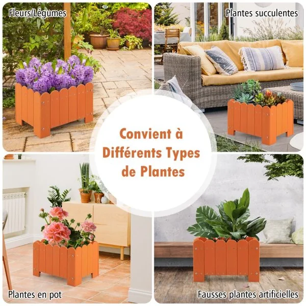 Lot de 2 Jardinière Rectangulaires en HDPE Résistant aux Intempéries Lit de Jardin Surélevé avec Trous de Drainage 45x32x30cm Gris/Orange